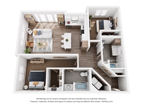 Floor plan for 2 beds, 2 baths, 1049 sqft